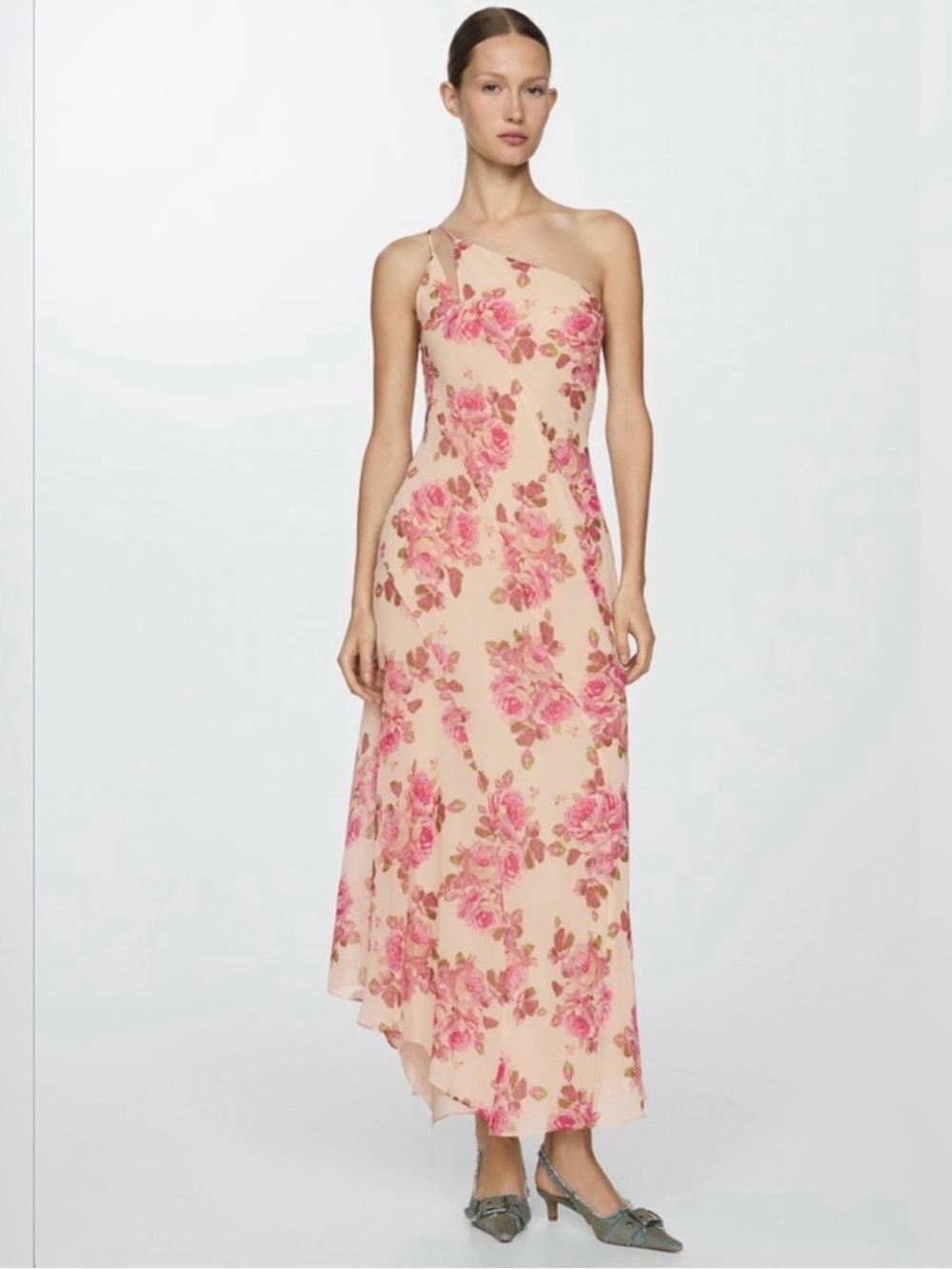 Mango One-Shoulder Floral Maxi Dress in Blush Pink